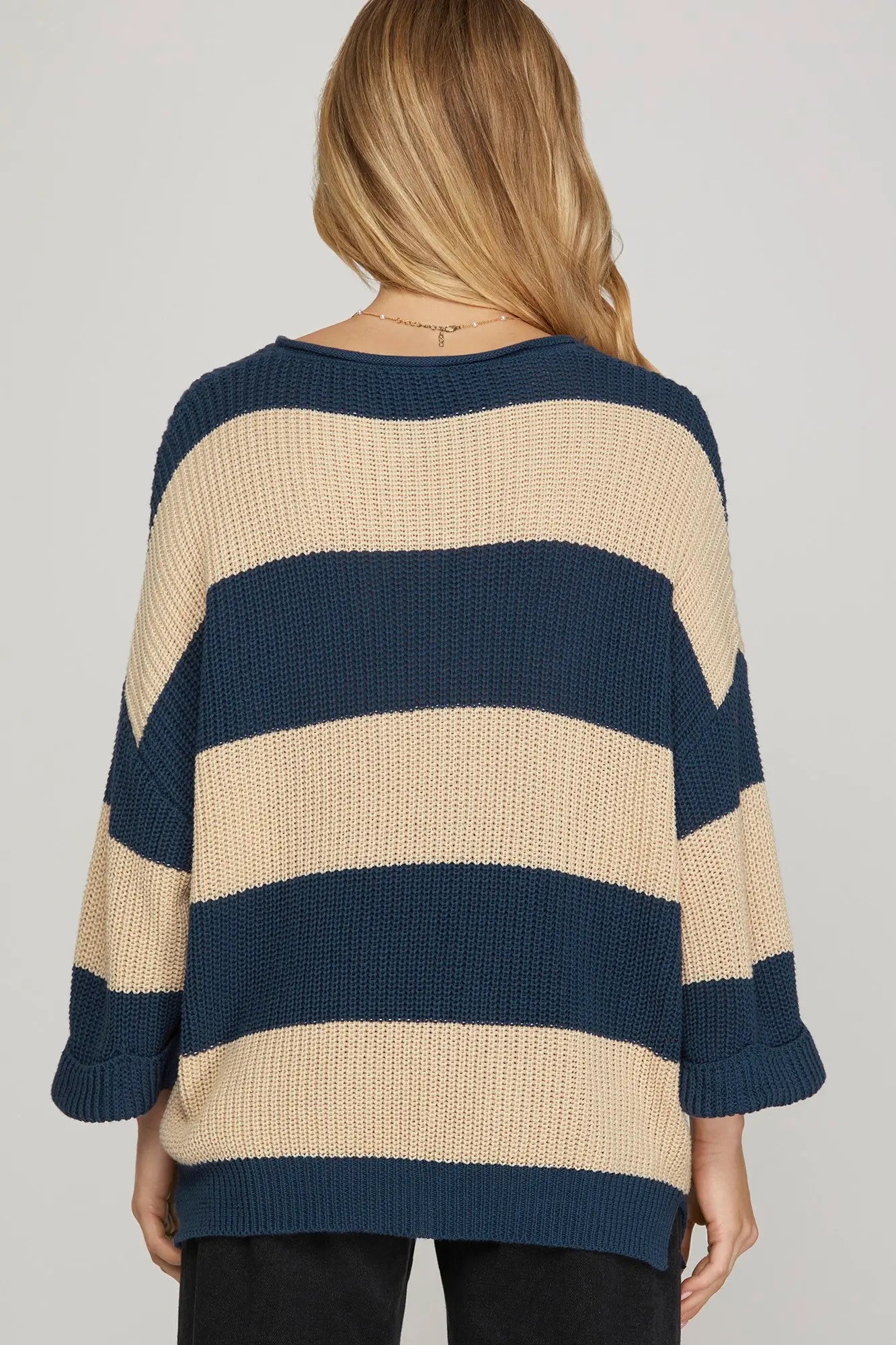 3/4 Sleeve Striped Sweater navy