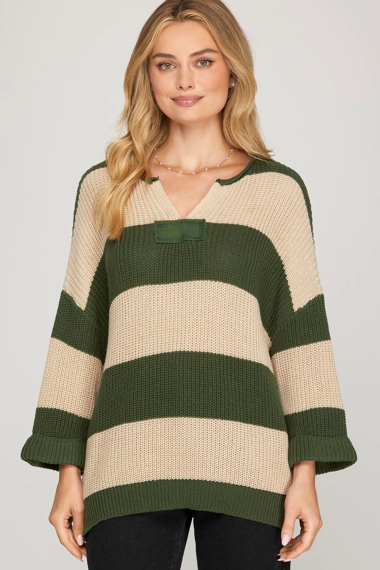 3/4 Sleeve Striped Sweater green