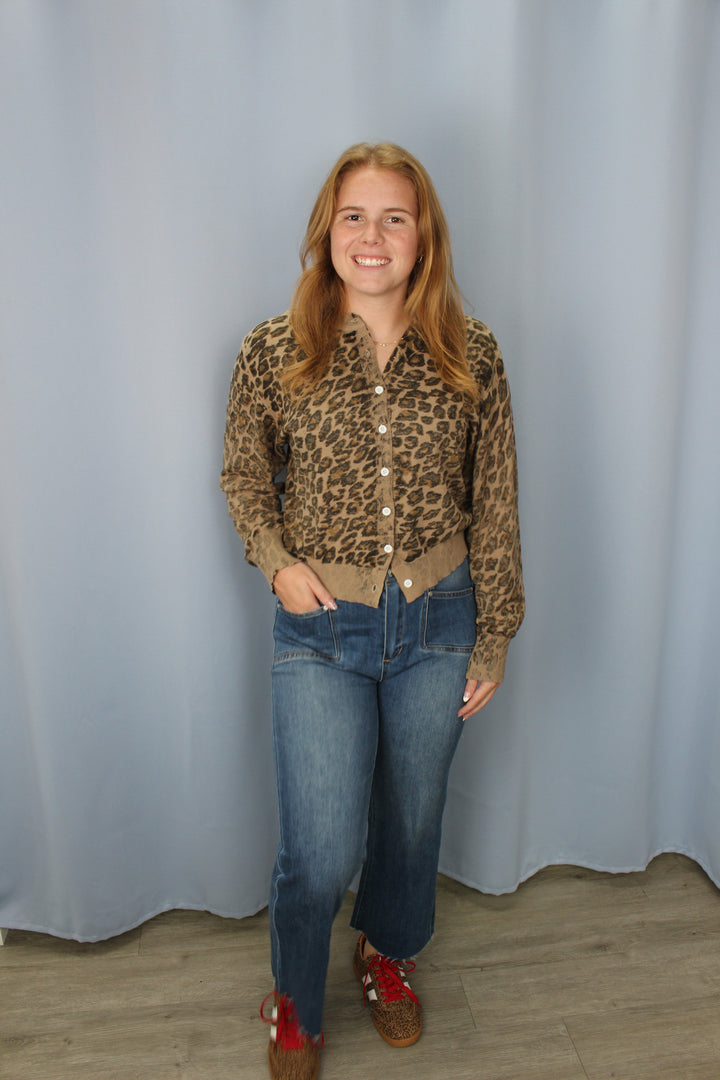 Washed Inspired Leopard Print Sweater Cardigan