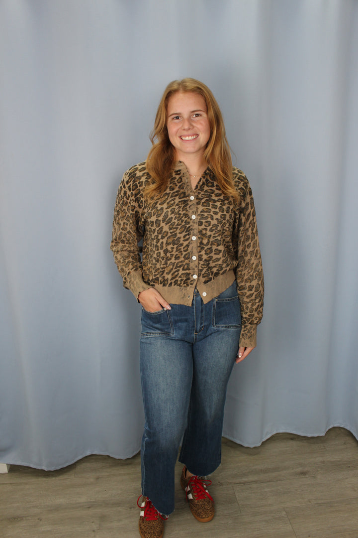 Washed Inspired Leopard Print Sweater Cardigan