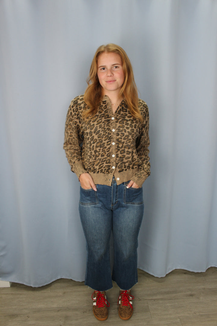Washed Inspired Leopard Print Sweater Cardigan