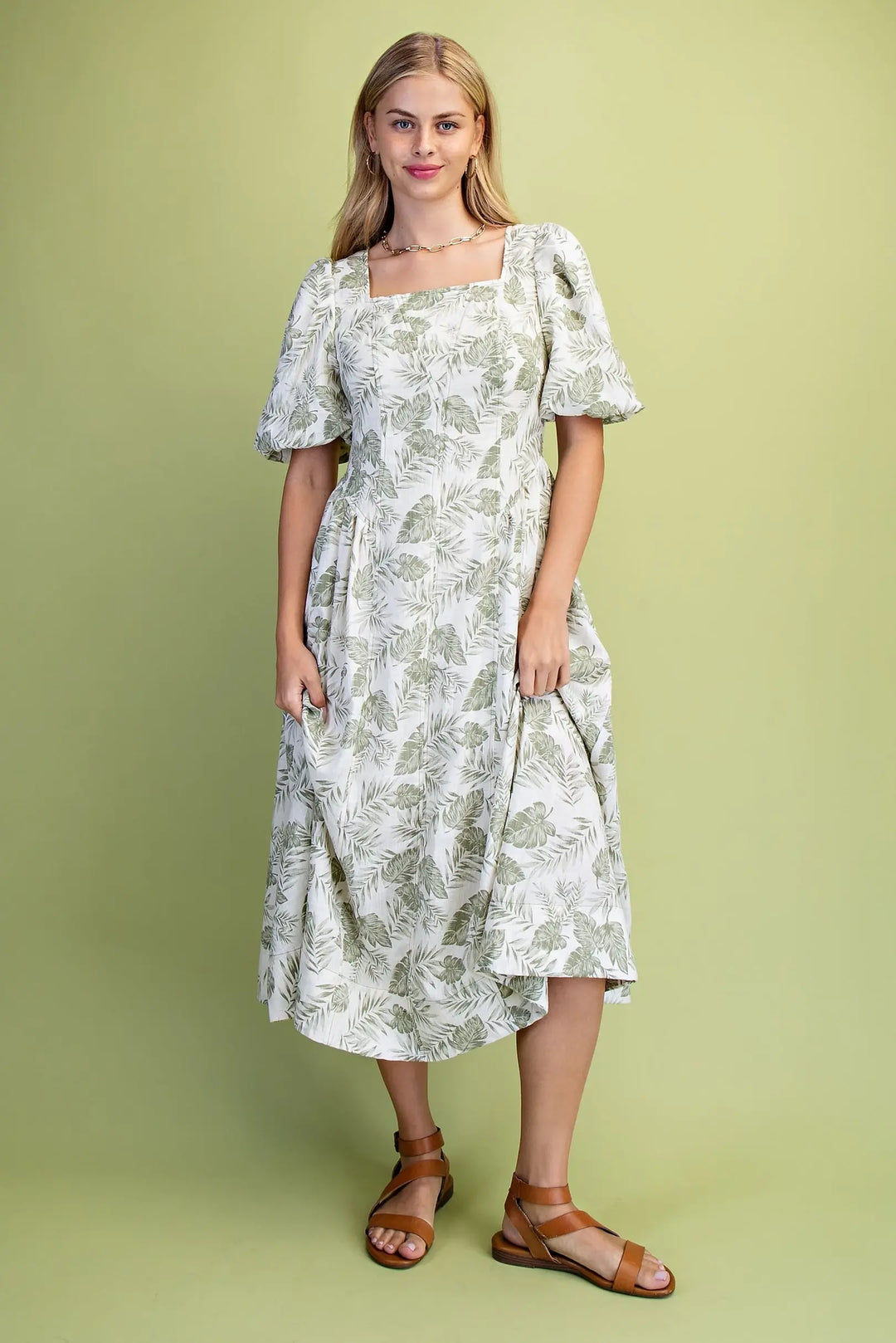 Island Escape Palm Print Square Neck Midi Dress