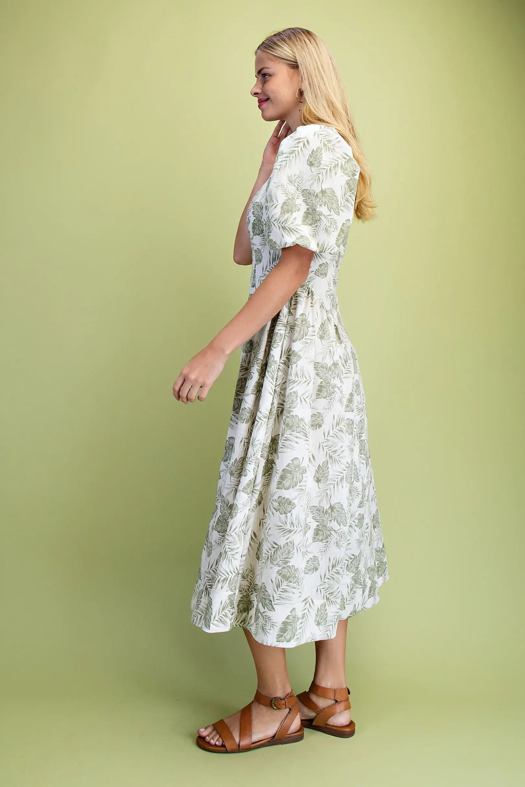 Island Escape Palm Print Square Neck Midi Dress