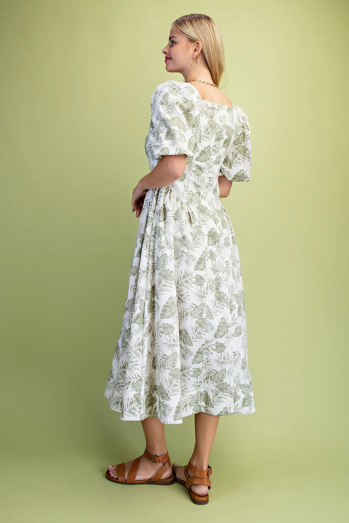 Island Escape Palm Print Square Neck Midi Dress