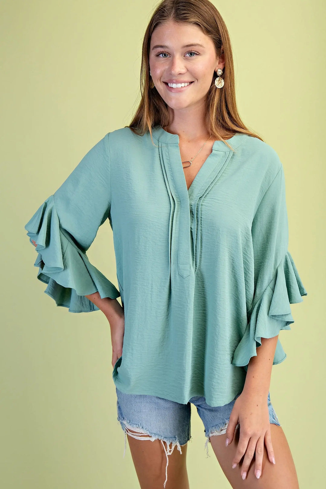Serene Sage Pleated Front Ruffled Bell Sleeve Blouse