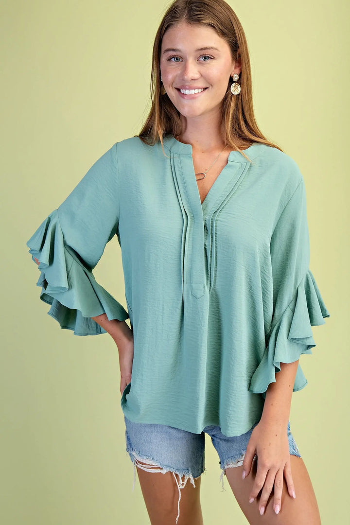 Serene Sage Pleated Front Ruffled Bell Sleeve Blouse