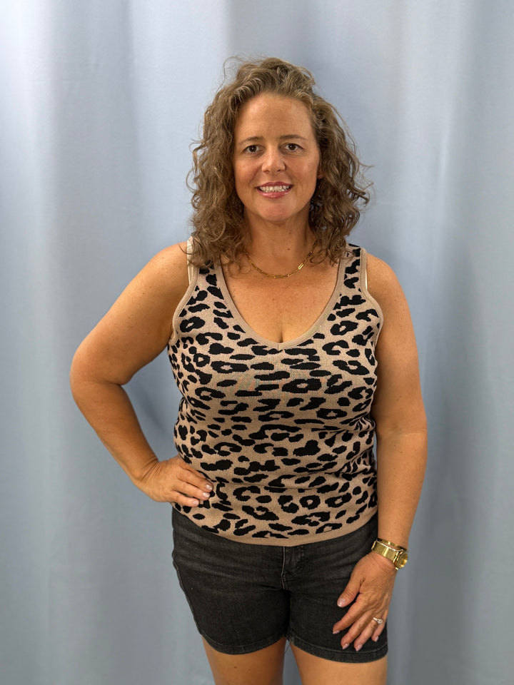 LEOPARD KNITTED LIGHTWEIGHT V NECK TANK TOP