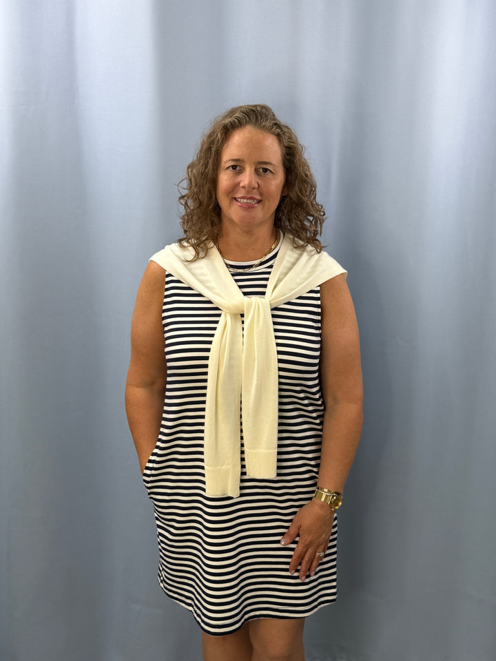 Nautical Striped Mini Dress with Chic Scarf Detail &amp; Pockets