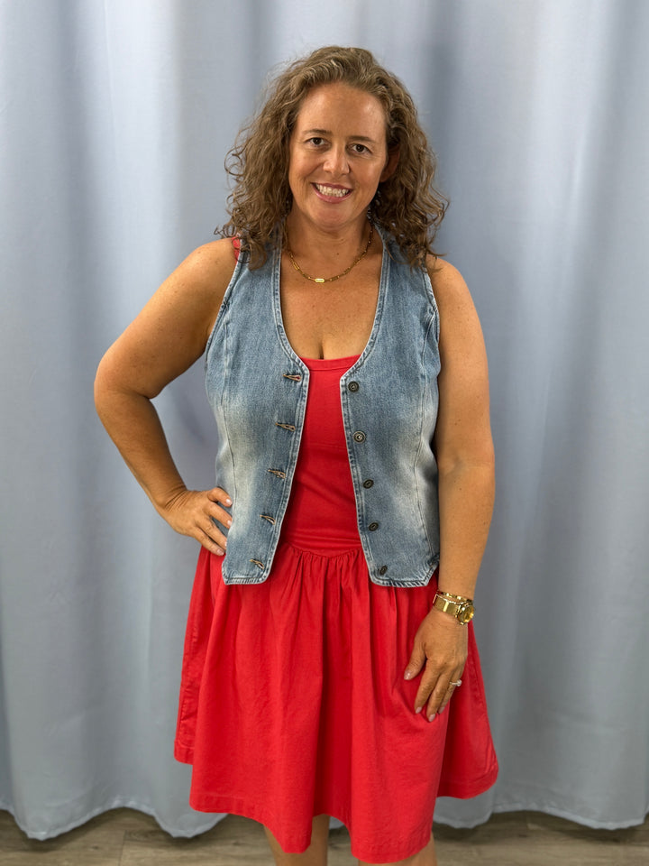 red dress with jean vest 