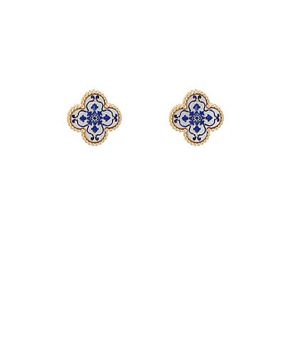 Blue Patterned Shell Clover Studs