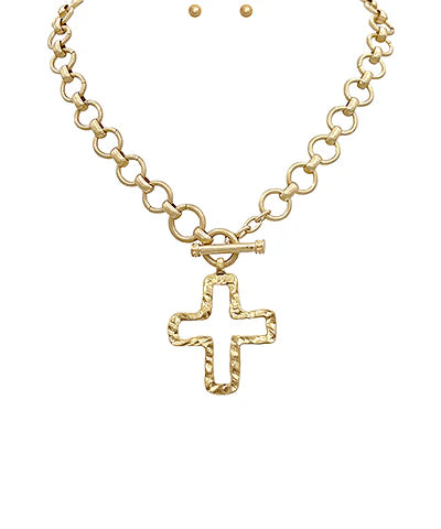 Hammered Cross Outline Necklace Set