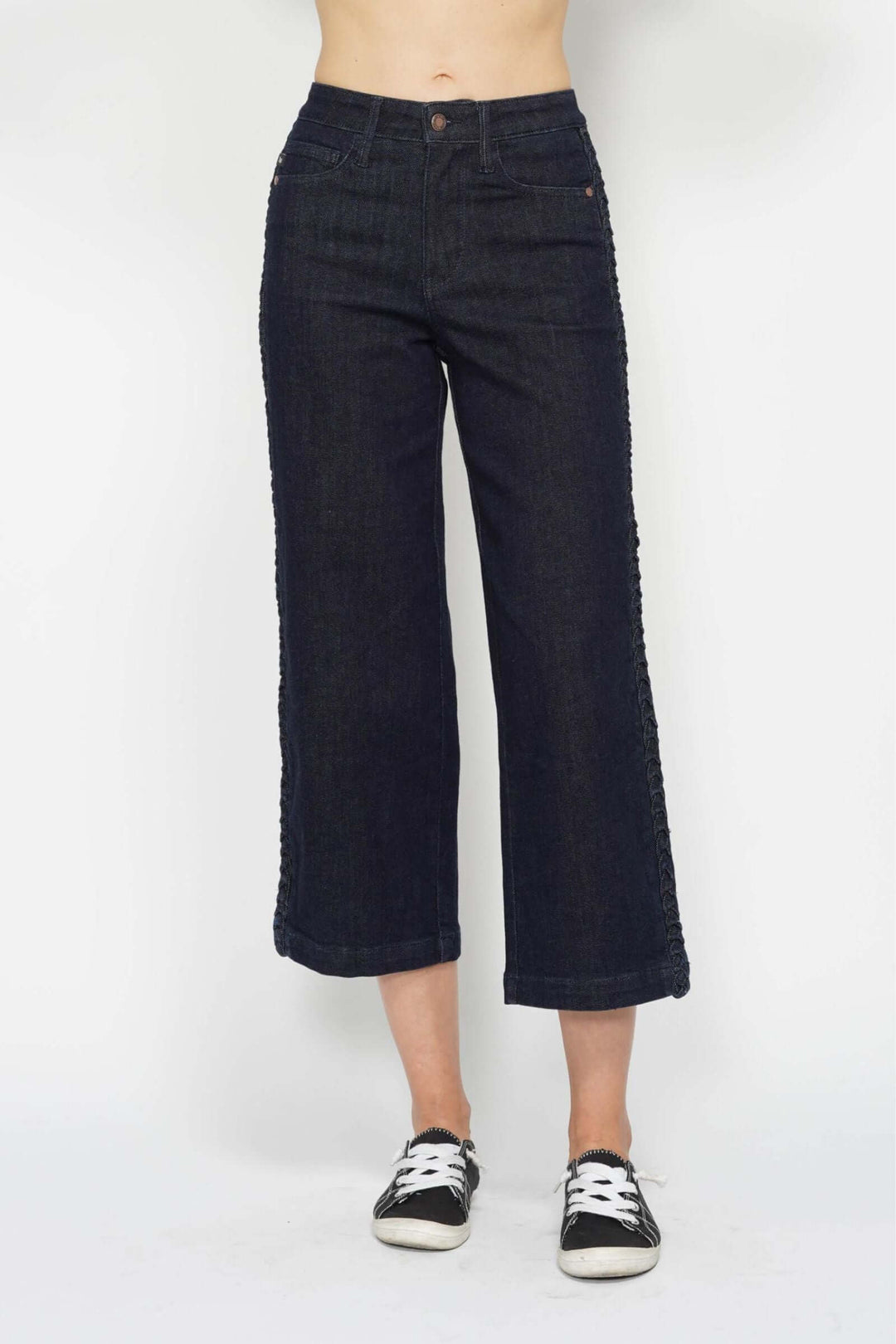 Judy Blue “Braided Bliss” High Waist Crop Wide-Leg Jeans