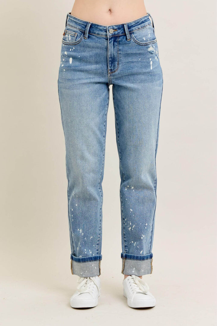 Judy Blue “Splash of Style”  Mid Rise Bleach Splatter Boyfriend Jeans