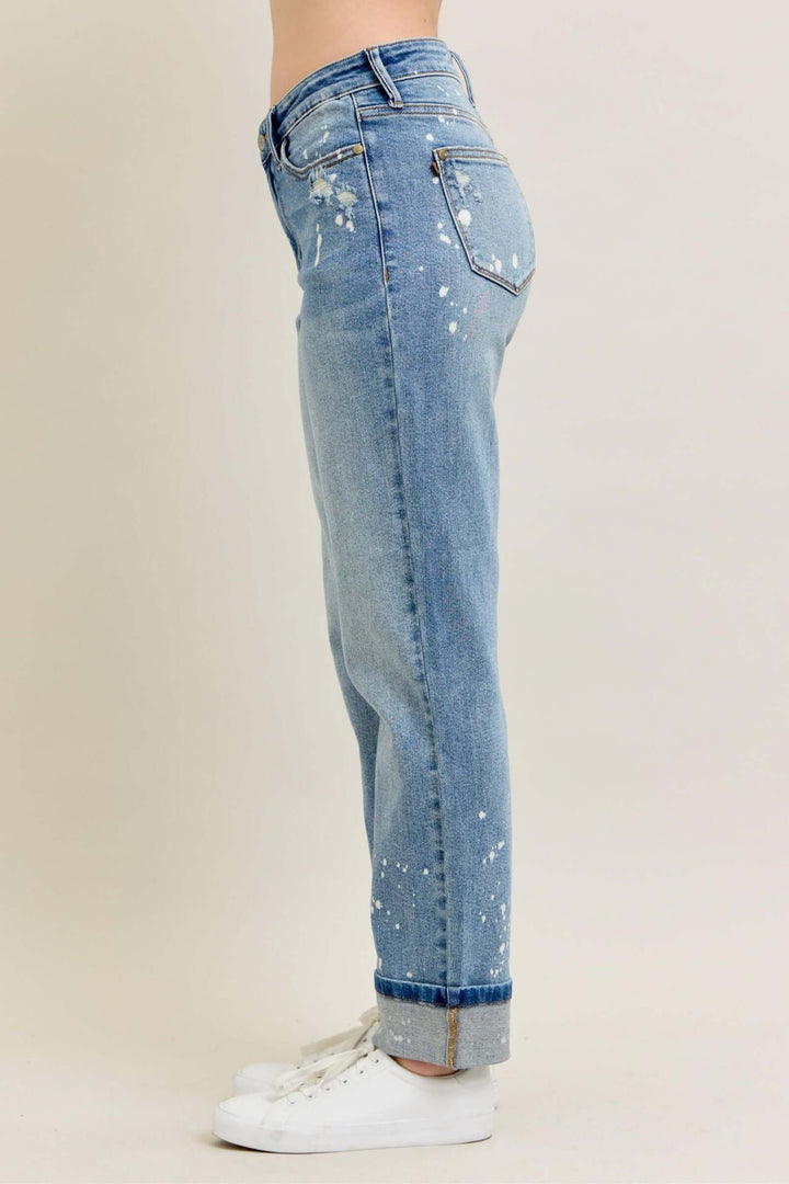 Judy Blue “Splash of Style”  Mid Rise Bleach Splatter Boyfriend Jeans