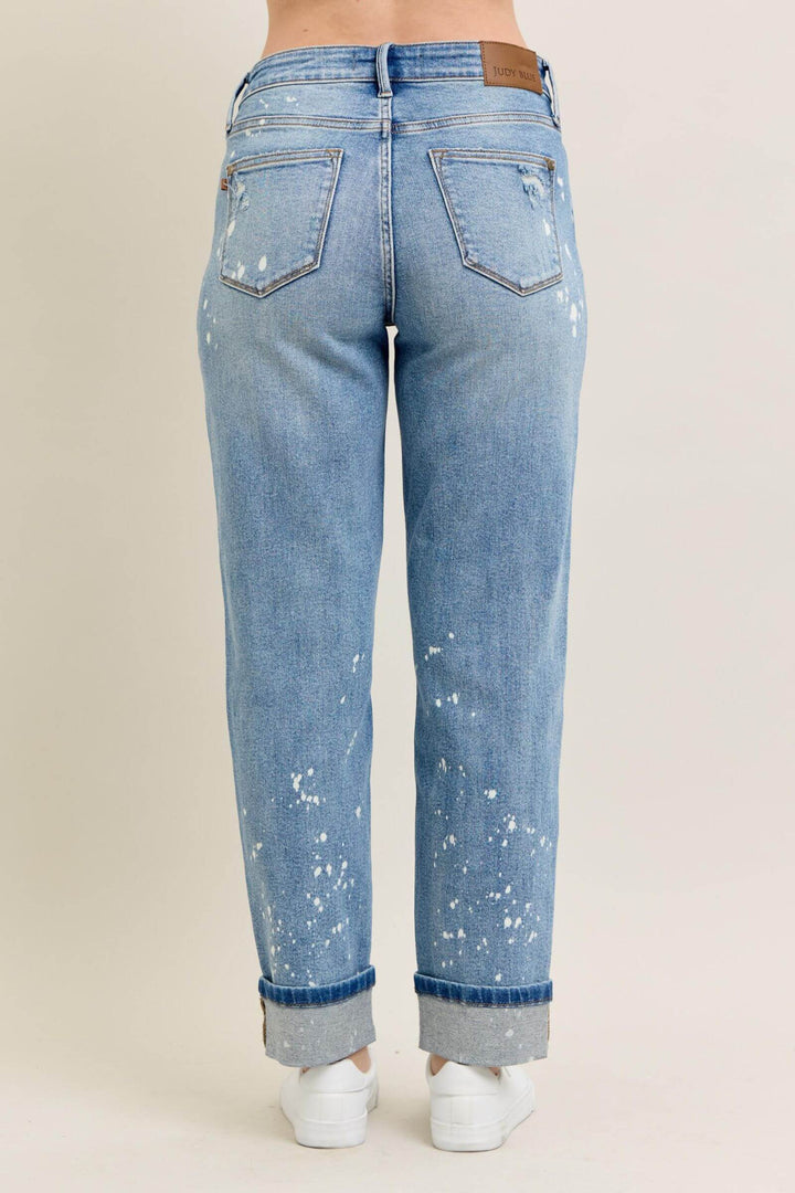 Judy Blue “Splash of Style”  Mid Rise Bleach Splatter Boyfriend Jeans