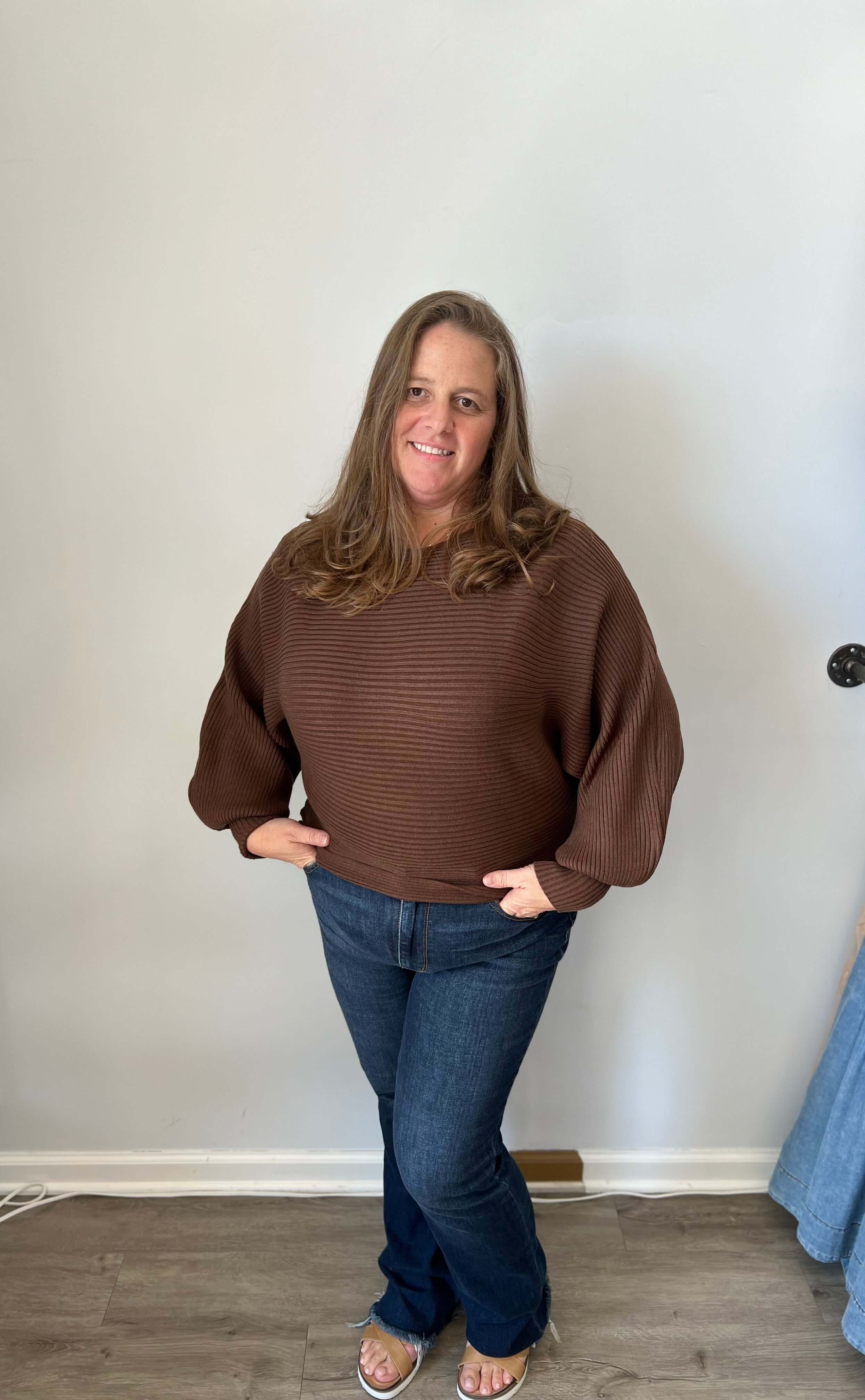 Brown Boat Neck Balloon Sleeve Sweater
