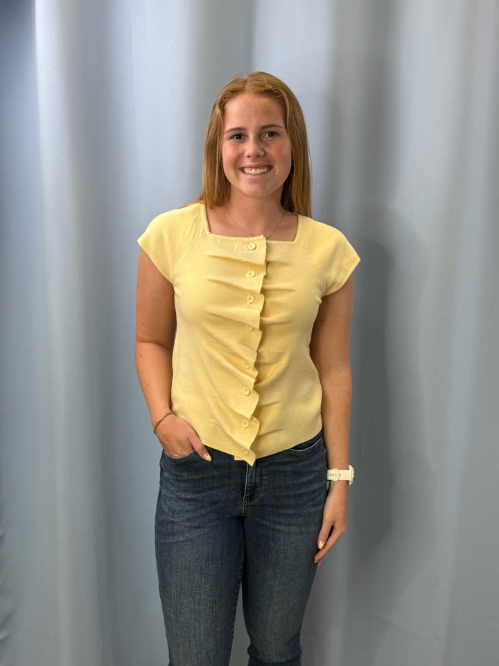 Yellow Pleated Button Down Sweater