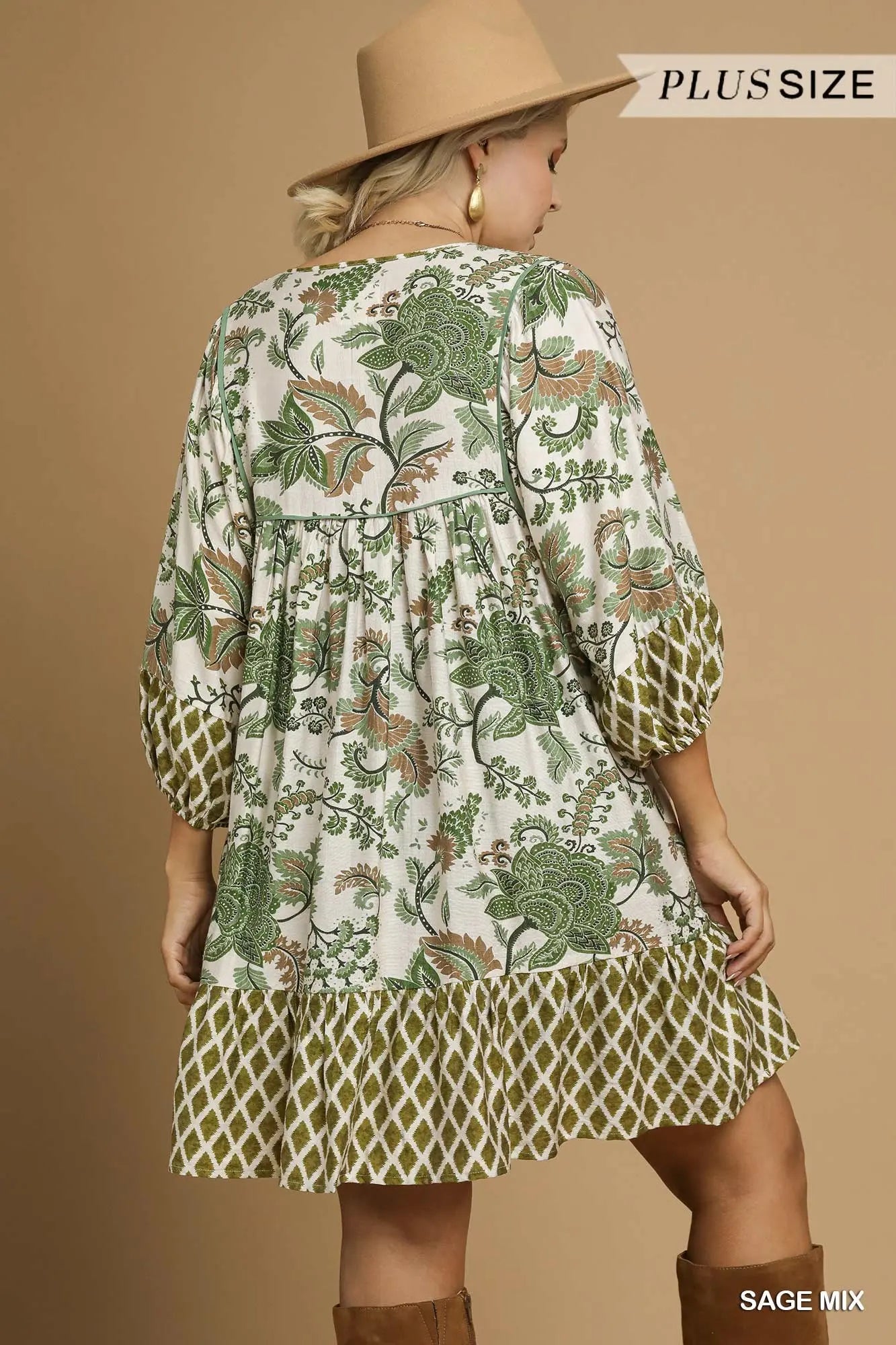 Mixed Print Mini Dress Sage