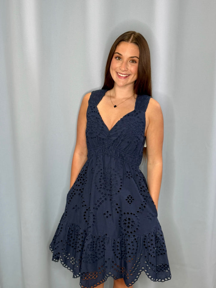 Skies are Blue Scallop Hem Eyelet Dress