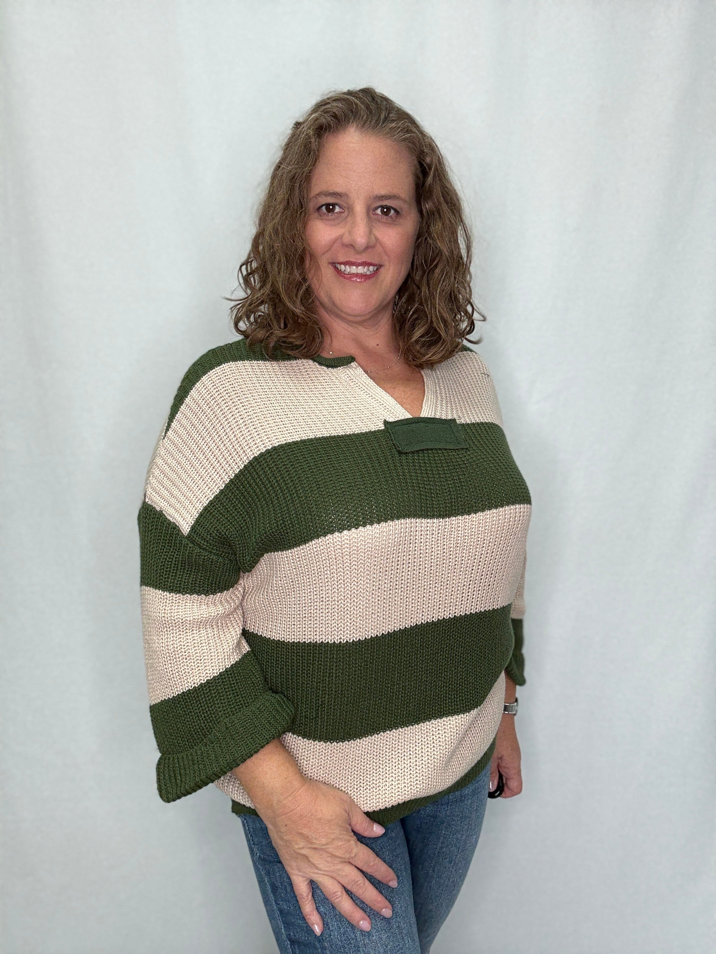 She and Sky 3/4 Sleeve Striped Sweater