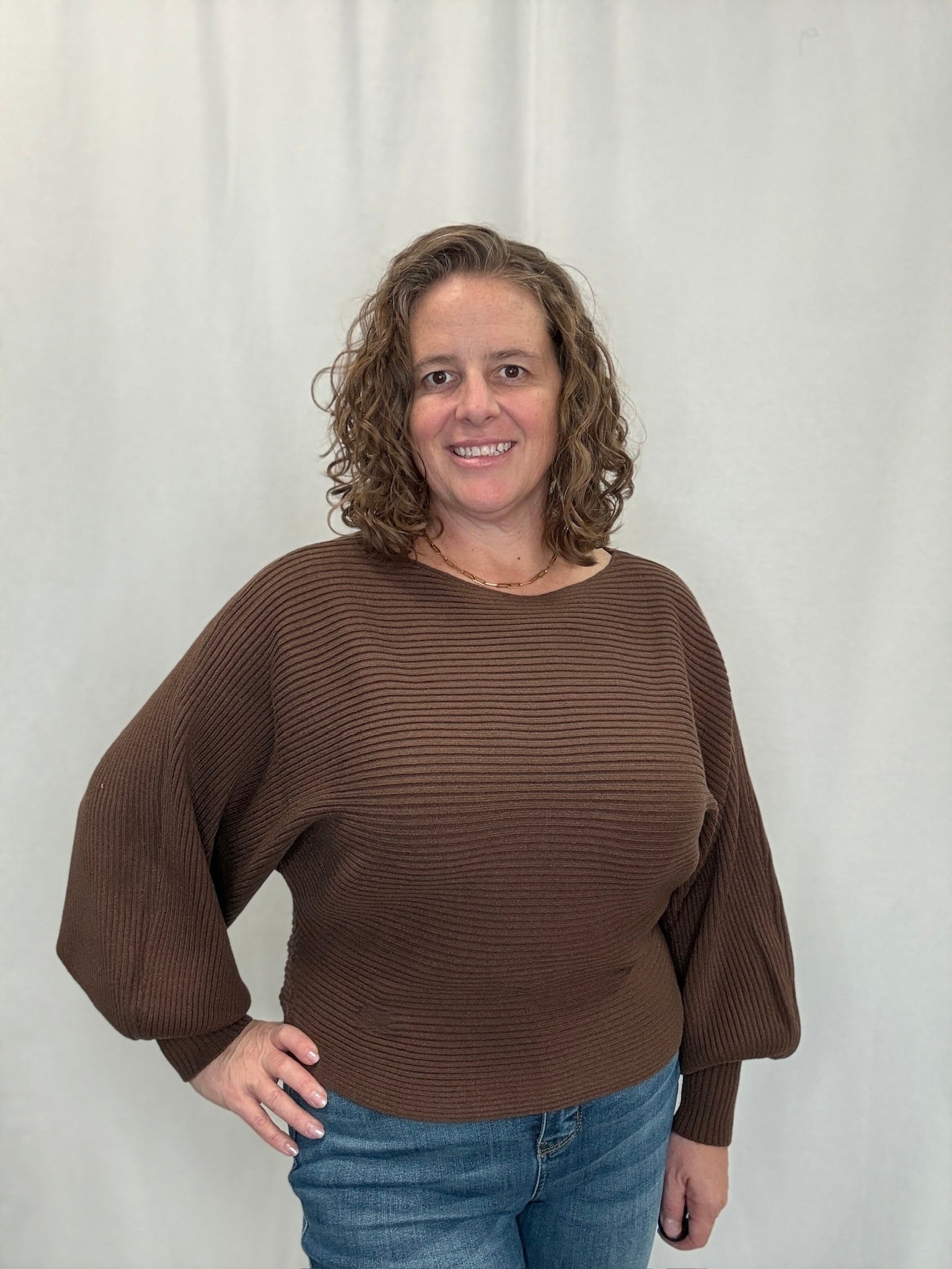 Brown Boat Neck Balloon Sleeve Sweater