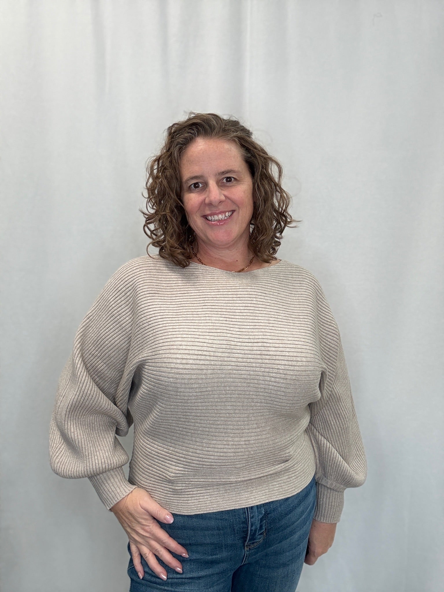 Taupe Boat Neck Balloon Sleeve Sweater