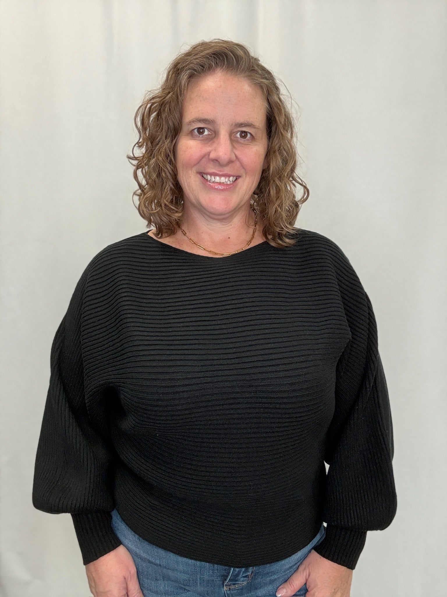 Black Boat Neck Balloon Sleeve Sweater