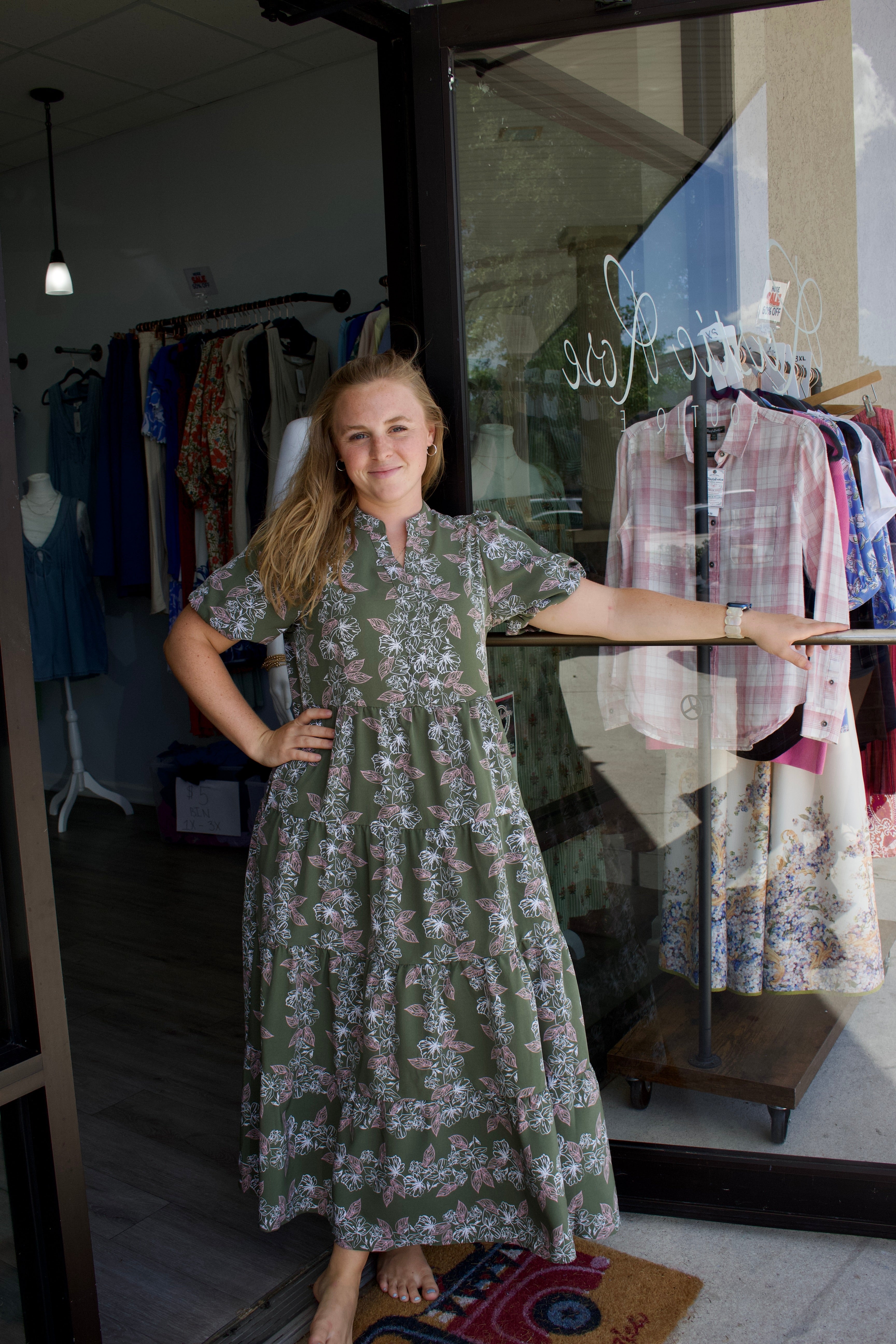 green and pink floral long dress with puff sleeves 