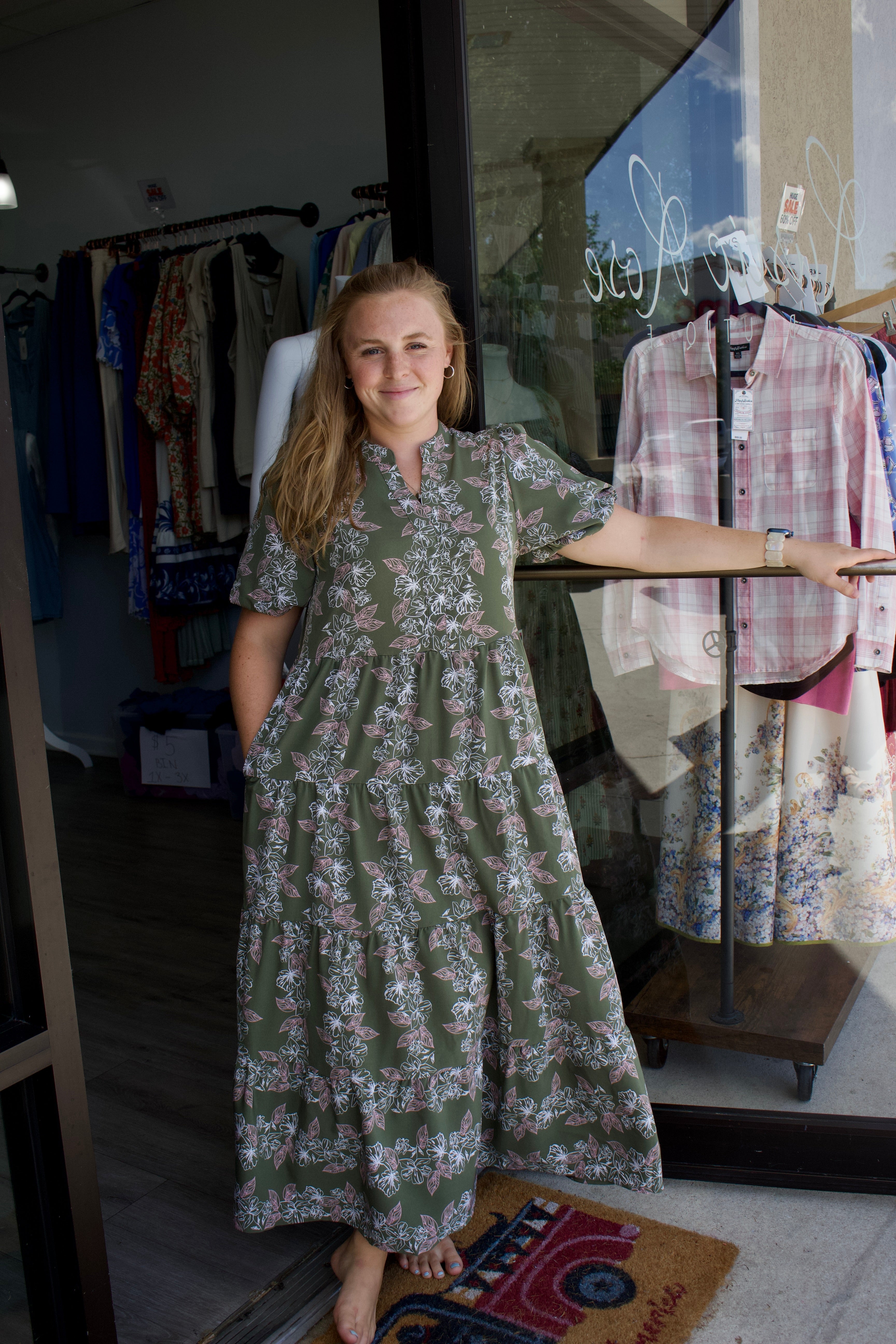 green and pink floral long dress with puff sleeves 