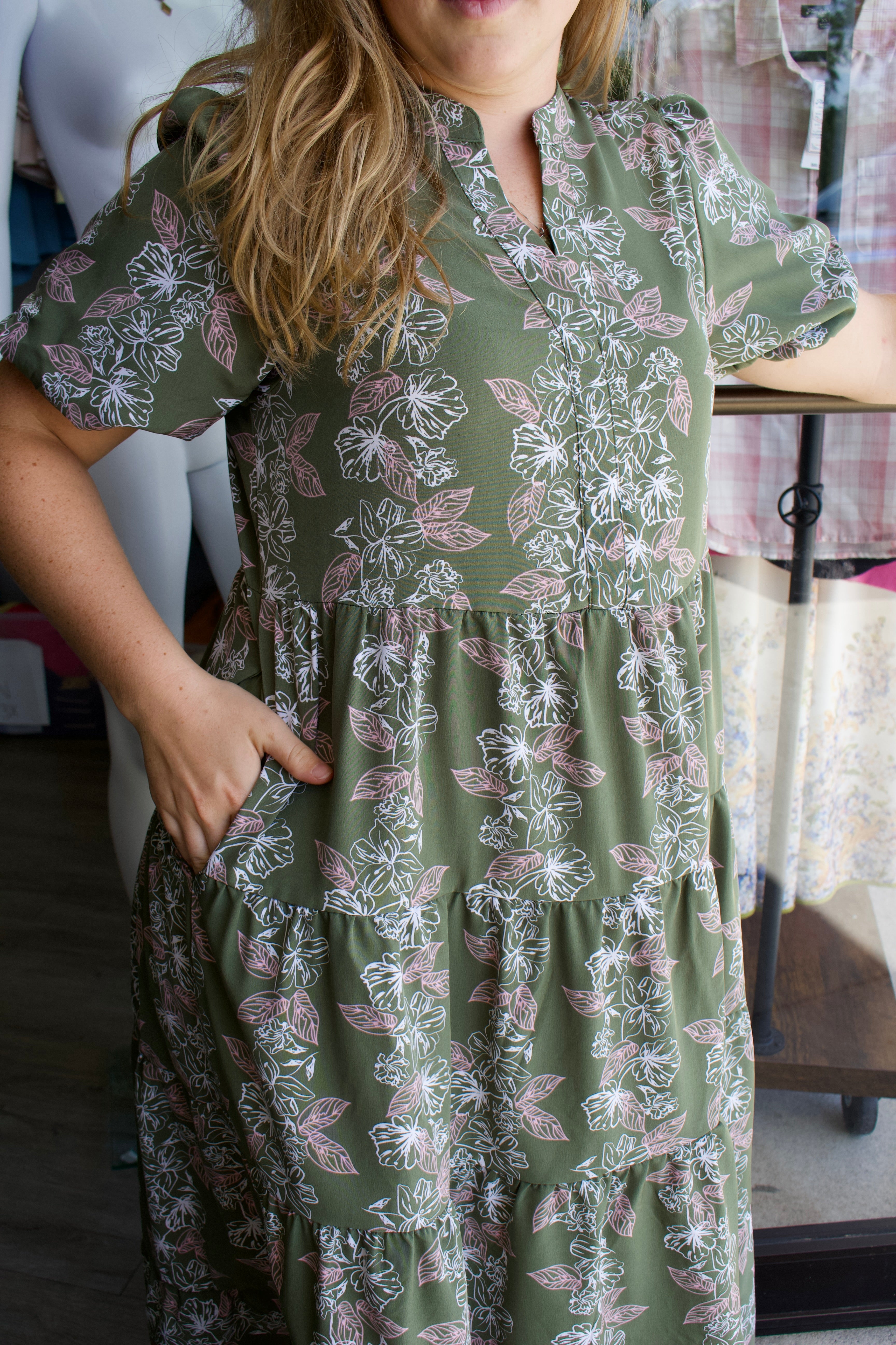 green and pink floral long dress with puff sleeves 