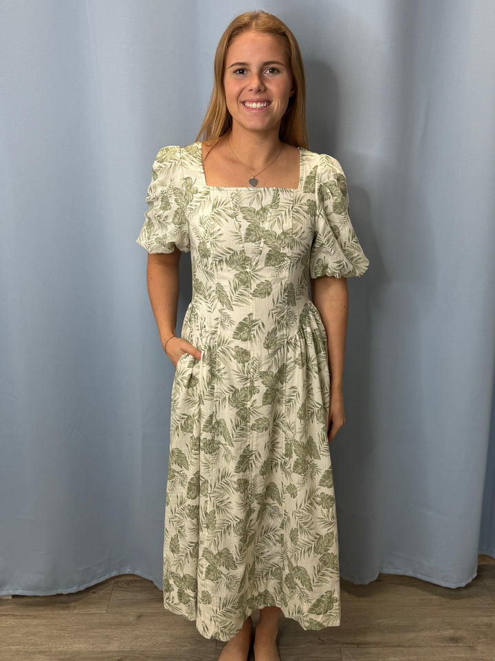 Island Escape Palm Print Square Neck Midi Dress