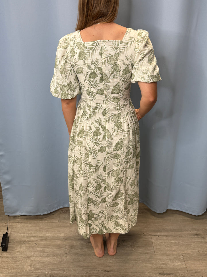 Island Escape Palm Print Square Neck Midi Dress