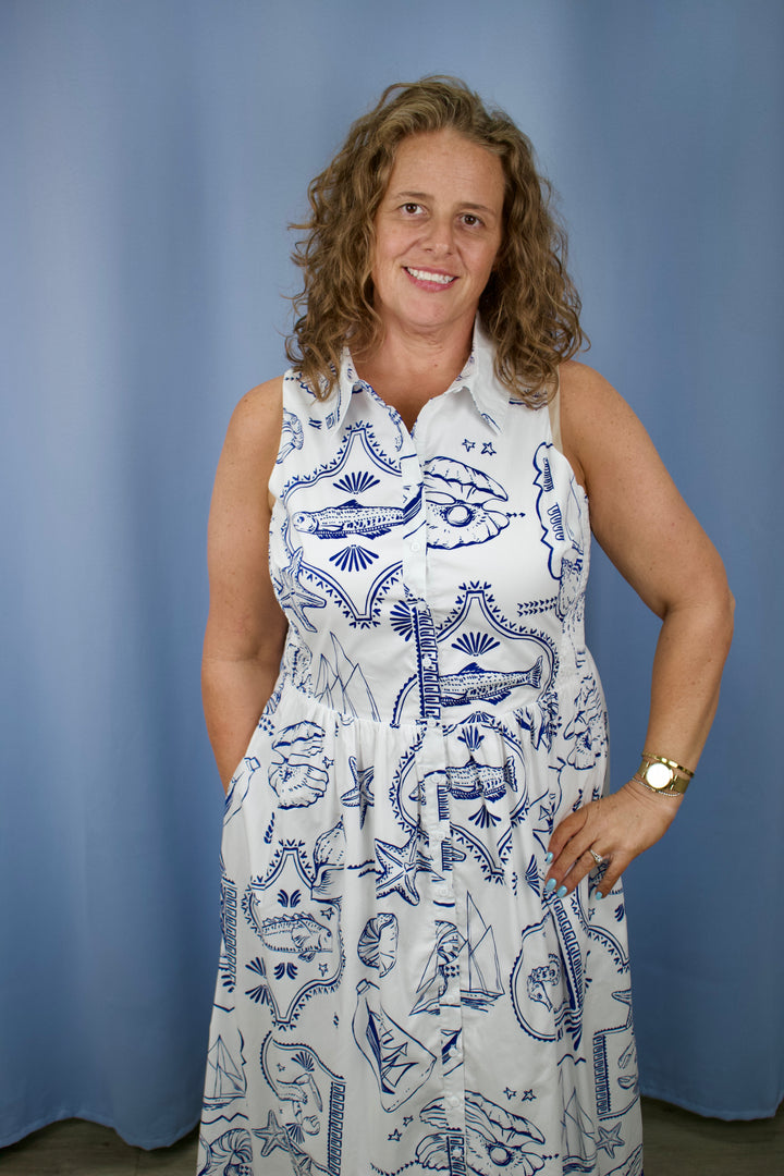 Catie Button Down Midi Dress Seaside