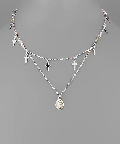 Multi Cross Charm Layer Necklace silver