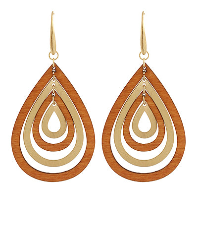 Wood & Metal 4 Layer Teardrop Earrings