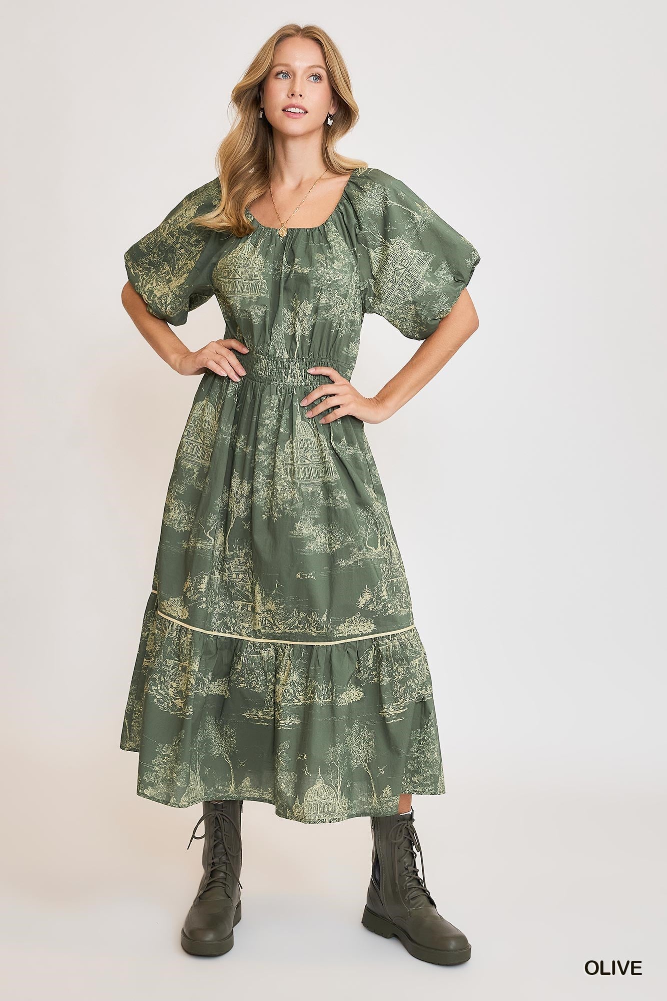 long green dress with puff sleeves 