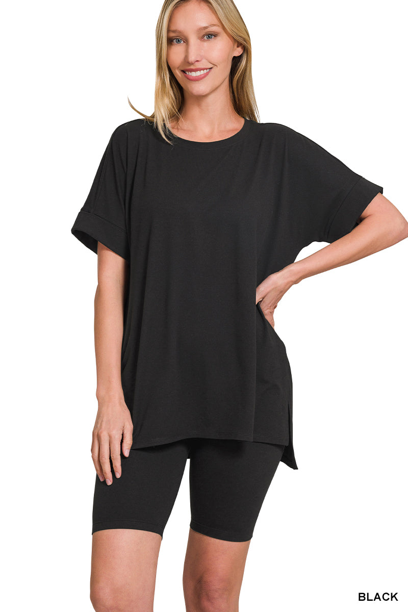 brushed microfiber two-piece shirt and biker short set black 