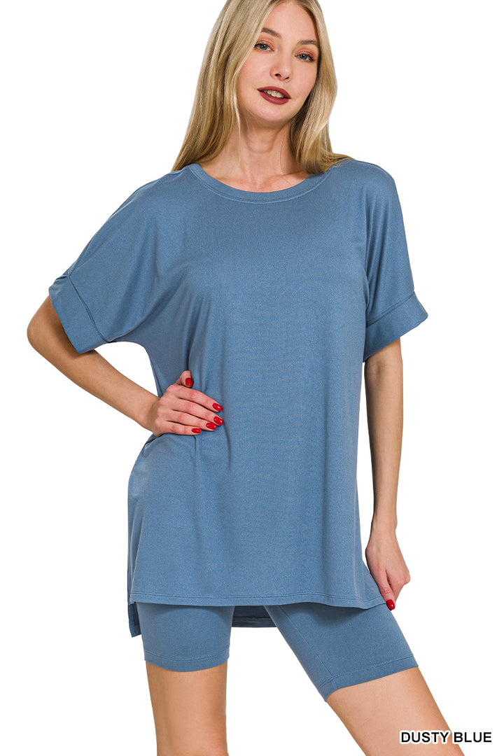 brushed microfiber two-piece shirt and biker short set dusty blue