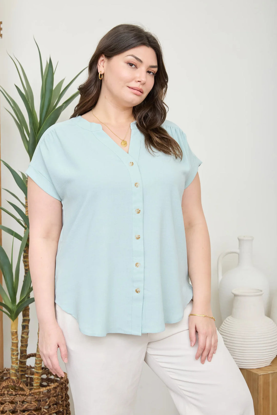 Cuffed Sleeve Button Down-Mint