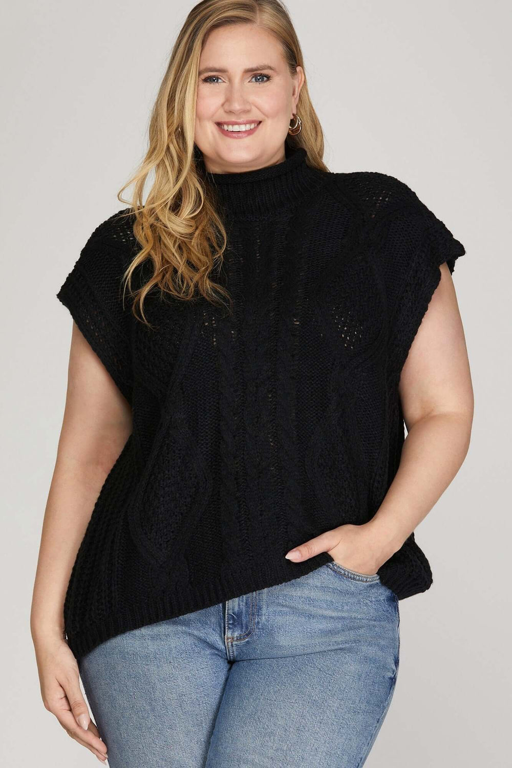 Black Drop Shoulder Sleeveless Mock Cable Sweater