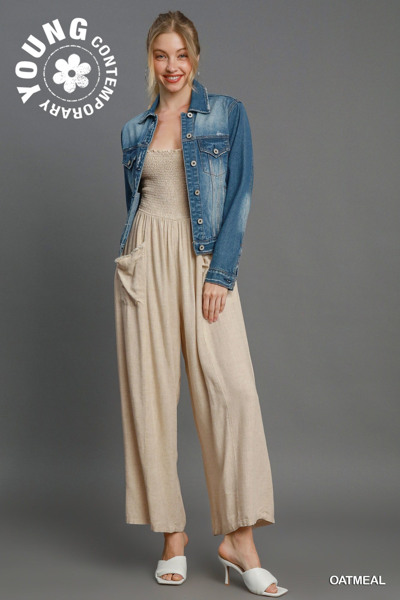beige jumpsuit with smocked top 