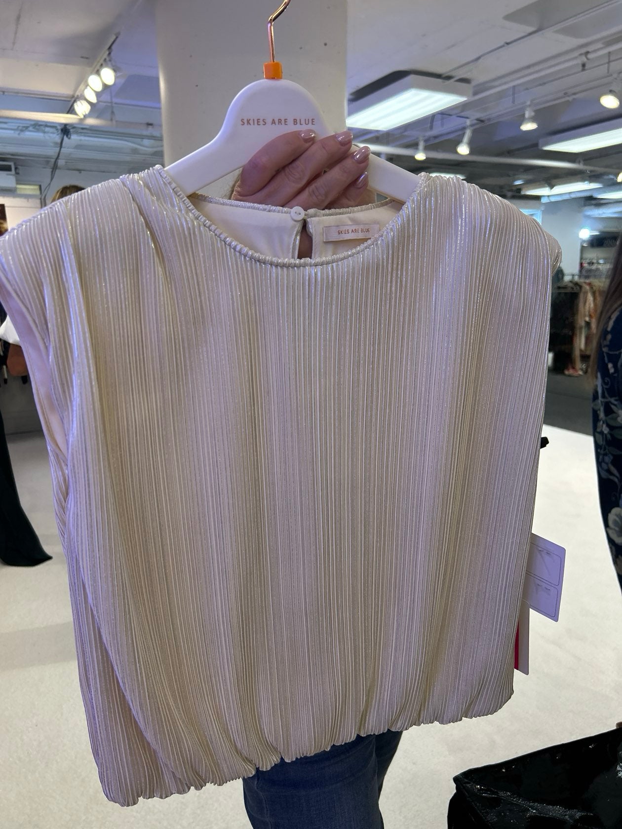 SKIES ARE BLUE METALLIC PLEATED MUSCLE W/ BUBBLE HEM