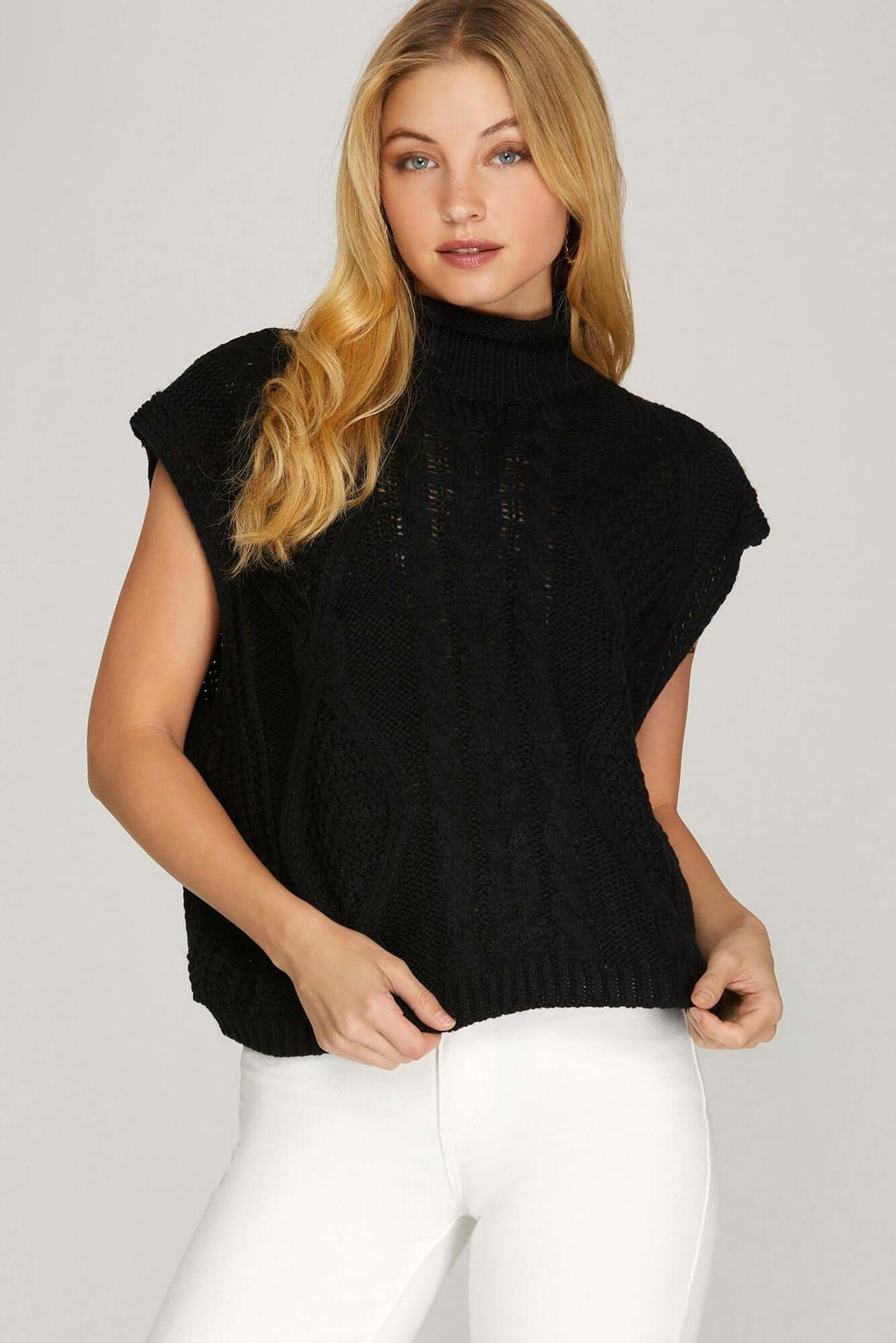 Black Drop Shoulder Sleeveless Mock Cable Sweater