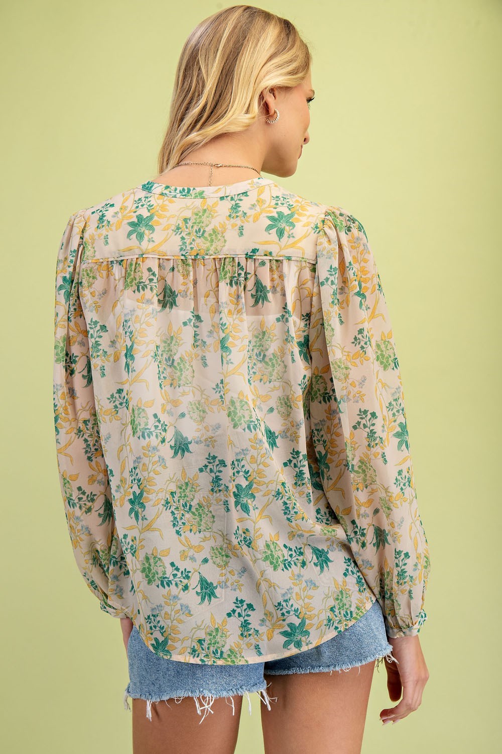GIGIO Sheer Floral Print Button Down Blouse