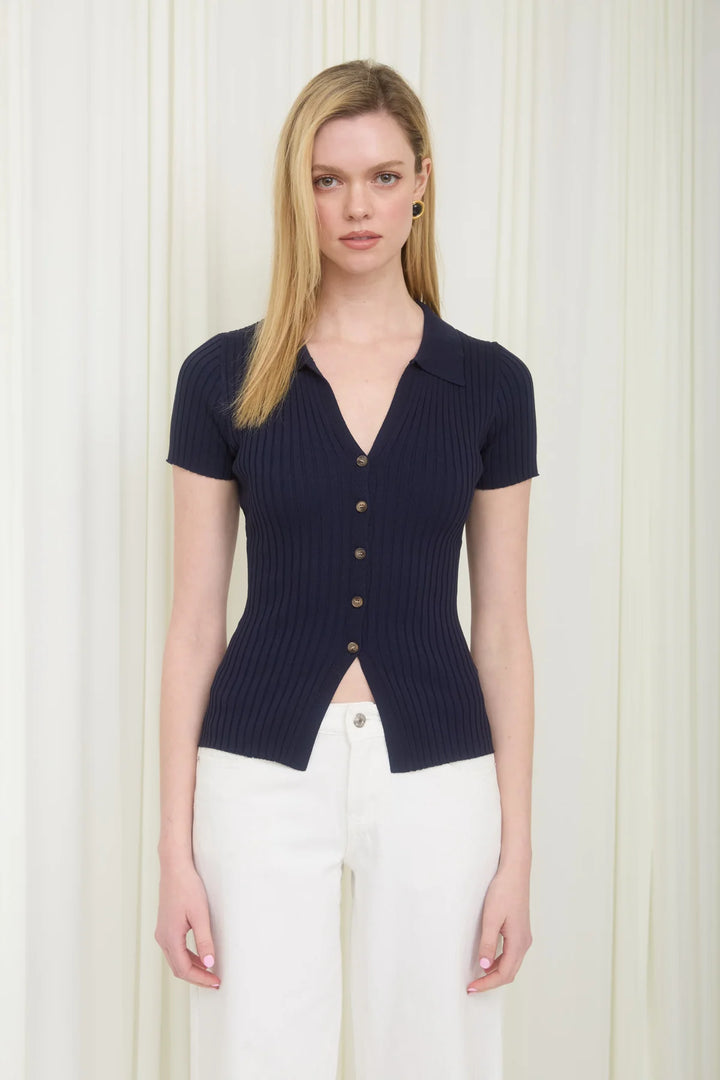 COLLARED SHORT SLEEVE RIBBED SWEATER KNIT TOP