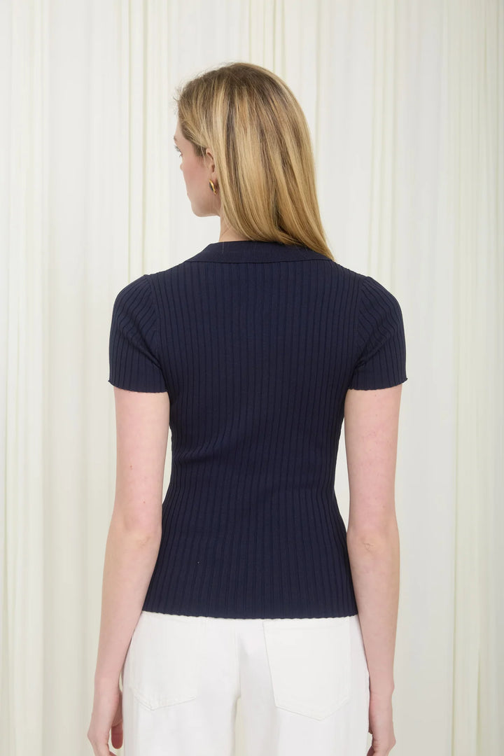 COLLARED SHORT SLEEVE RIBBED SWEATER KNIT TOP