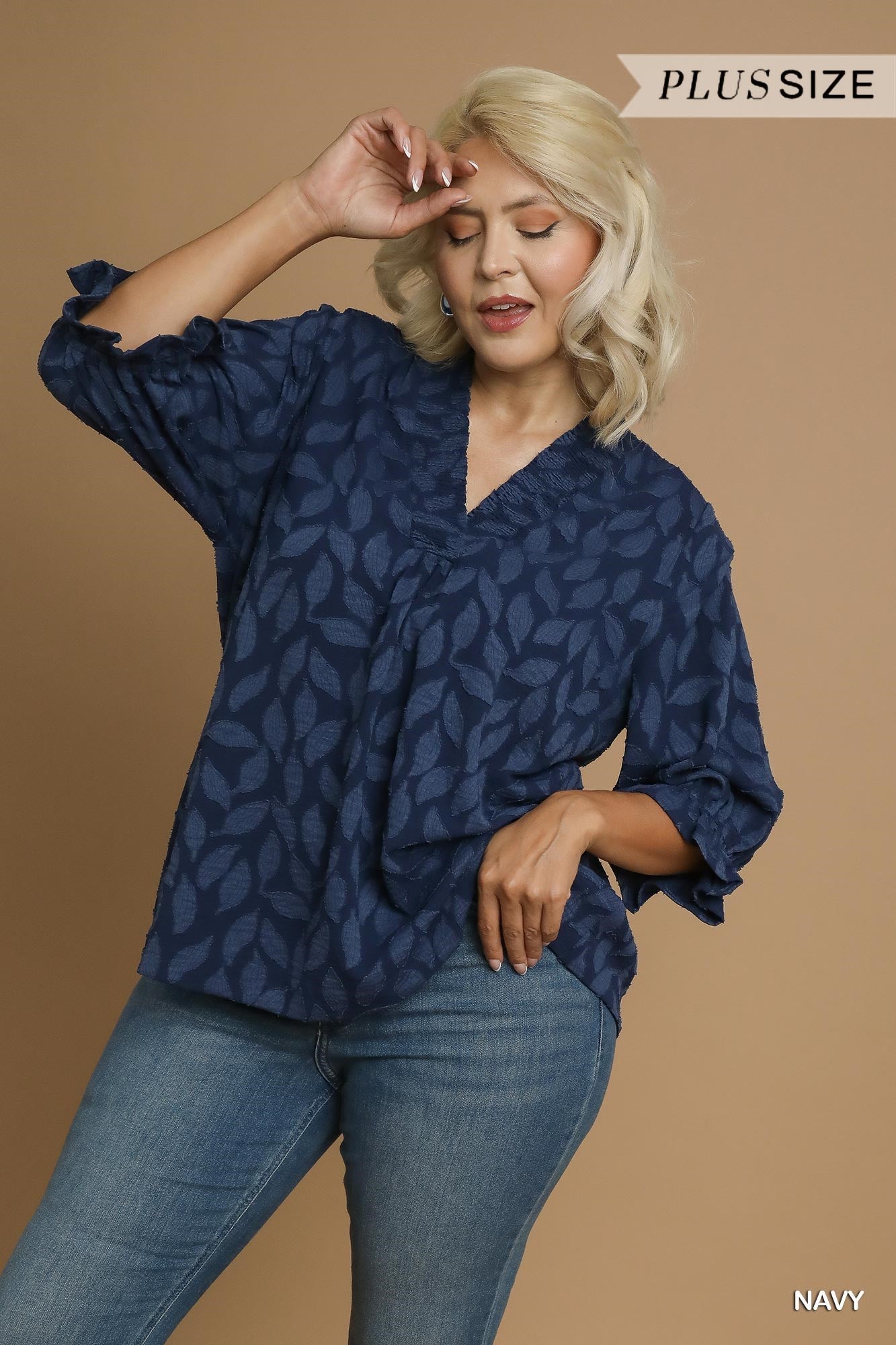 navy blue patterned blouse with v neck 