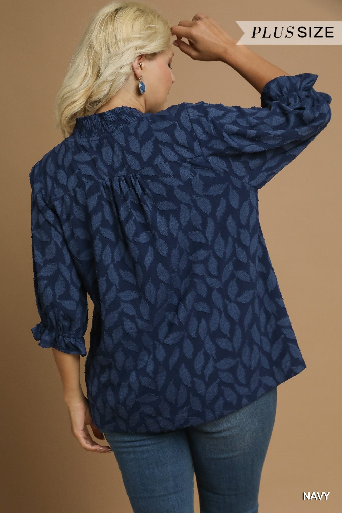 navy blue patterned blouse with v neck 