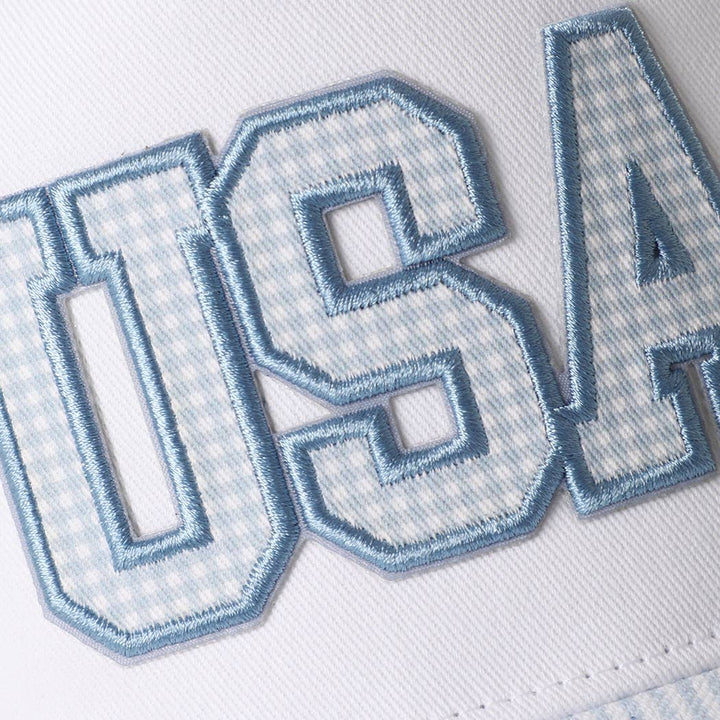 USA Gingham Embroidered Patch Stripe Brim Trucker Hat