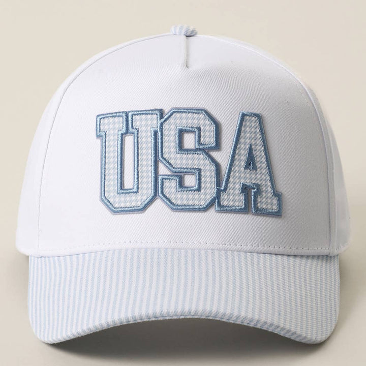USA Gingham Embroidered Patch Stripe Brim Trucker Hat